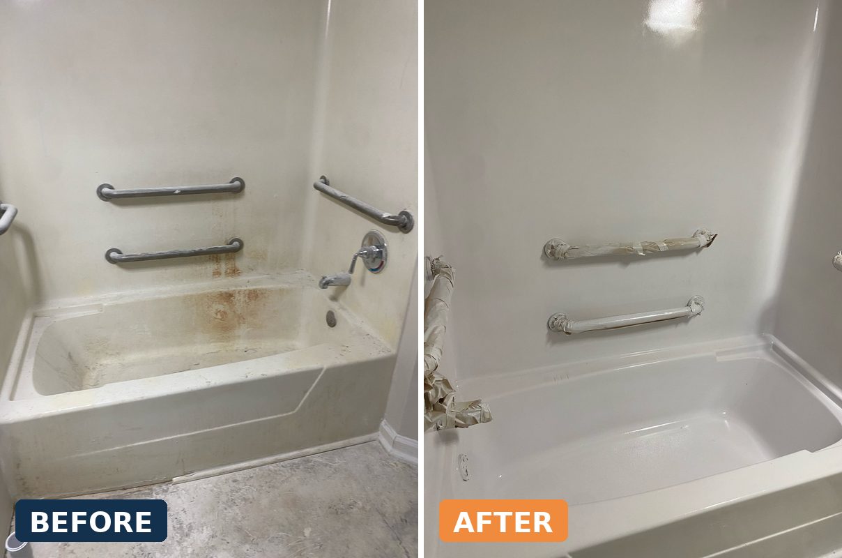 Tub before and after refinishing: rust and stains, then glossy white